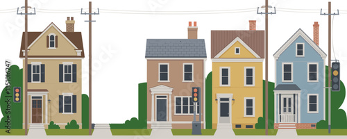 Colorful suburban street houses illustration with traffic lights and power lines isolated on white background urban neighborhood design