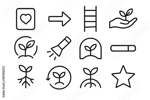 Guided Growth Icons. Guided Growth & Support in outline black lines style. intention card, guided arrow, growth ladder, nurturing hand, soft glow, clarity beam, supportive arc,