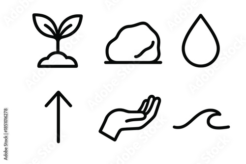 Icons of Resilience. Resilience in outline black lines style. seedling, rock, water droplet, arrow up, hand, wave line.
