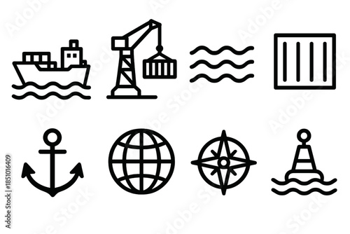 Global Sea Trade Icons. Global Sea Trade in outline black lines style. cargo ship, port crane, wave, container, anchor, globe, compass, buoy.