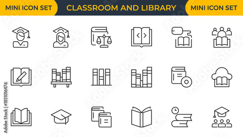 Set of 18 Classroom and Library web icons in line style study space icon, quiet area badge, library tag, group study file, classroom environment board, study room chart