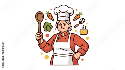 Professional female chef holding a wooden spoon with confidence.