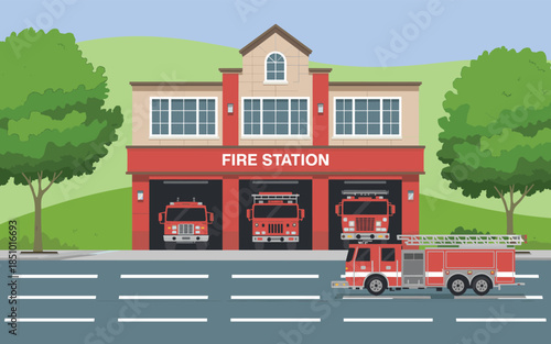 Fire station building with fire trucks parked inside and outside, emergency response vehicles ready for action, urban safety and protection