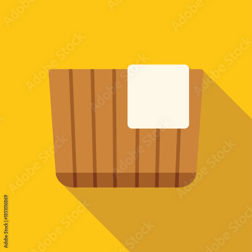 Wooden sauna bucket with a towel on a vibrant yellow background, creating a health and wellness icon