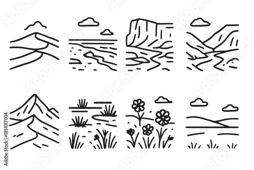 Nature Landscape Icons. Landscape scenes in outline black lines style. desert dune, coastal shore, canyon wall, valley path, snowy ridge, wetland patch, meadow flowers, horizon