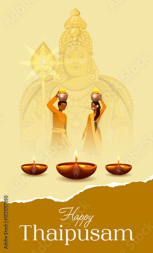 Happy Thaipusam Festival Illustration with Devotees Carrying Offerings in Traditional Indian Attire