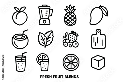 Tropical Fruit Icons. Fresh Fruit Blends in outline black lines style. tropical fruit, blender cup, pineapple, mango, coconut water, mint leaf, berries mix, cutting board, smoothie