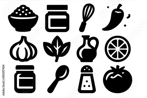 Brutalist Gourmet Icons. Gourmet Blends silhouette icons: spice bowl, jar, whisk, pepper, garlic, basil leaf, oil bottle, citrus, honey jar, spoon, salt, tomato.