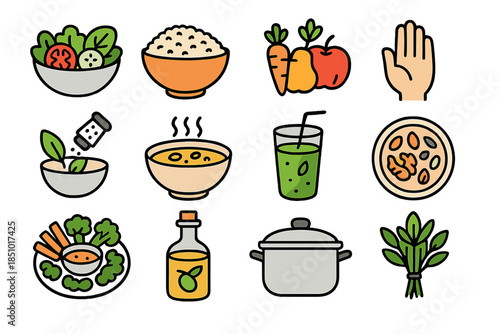 Healthy Food Icons. Healthy Meal Awareness in outline black lines style. colorful salad, whole grains bowl, seasonal produce, portion control hand, herbs and spices, soup bowl,