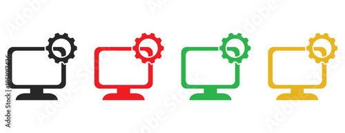 Collection of computer monitor icons with settings gear, technical support and system