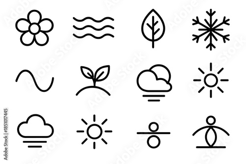 Seasonal Icon Set. Seasonal Awareness Pack in outline black lines style. flower bloom, heat wave line, leaf turn, snow spark, seasonal curve, nature sprout, weather band, shifting