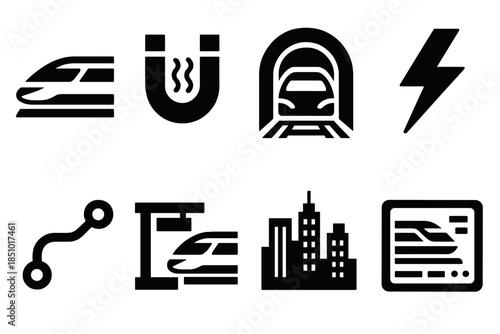 Brutalist Maglev Icons. Maglev Trains silhouette icons: high-speed rail, levitation magnet, tunnel view, energy bolt, train route, station platform, skyline, data display.