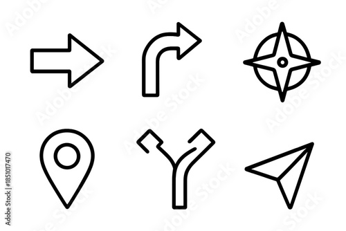 Navigation Icon Set. Direction in outline black lines style. guiding arrow, turning path, compass point, waypoint marker, split route line, forward beam.