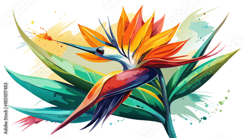 Very beautiful watercolor illustration of bird of paradise flower, featuring soft washes, natural color transitions, and expressive brushstrokes that highlight exotic tropical elegance.