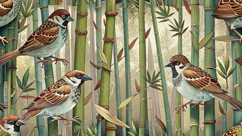 Small sparrows perched on bamboo trees pattern