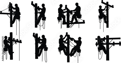 Pixel utility worker silhouette icon set, climbing and repairing on poles, vector illustration for labor, safety, infrastructure, and electrical design