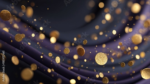 An elegant, abstract celebratory backdrop, with dynamic gold shavings and champagne bubbles, floats alongside geometric shapes against a gradient background that transitions from deep purple to black.
