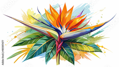 Very beautiful watercolor illustration of bird of paradise flower, featuring soft washes, natural color transitions, and expressive brushstrokes that highlight exotic tropical elegance.