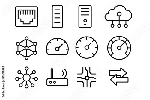 Network Icons Collection. Network Technology Set in outline black lines style. ethernet port, data packet, server tower, cloud hub, mesh network, latency meter, bandwidth gauge,