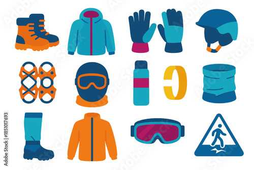 Snow Gear Icons. Snowfield Protection Kit modern flat icons set. Contain winter boots, insulated overlayer, frost-proof gloves, snow helmet, traction cleats, ski mask, thermal