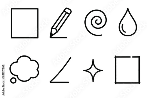 Creative Icons Collection. Creative Start in outline black lines style. empty canvas, pencil tip, inspiration swirl, color drop, concept bubble, sketch line, creation spark, draft