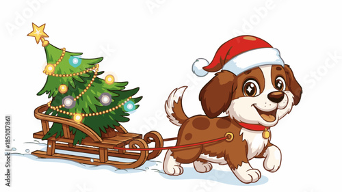 Adorable Holiday Dog Illustration: Santa Hat and Christmas Tree on a Sled