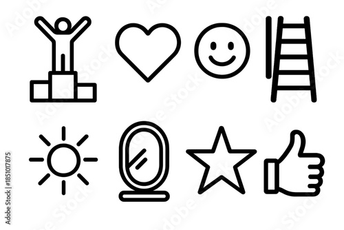 Icons of Personal Growth. Confidence Growth in outline black lines style. person on podium, heart, smile, ladder, sun, mirror, star, thumbs up.