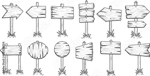 Pixel wooden signpost icon set, rustic directional and oval signs with grass base, vector illustration for maps, games, and outdoor design