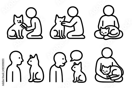 Pet Bonding Icons. Emotional Bonding with Pets Activities in outline black lines style. brushing session, slow petting hand, mindful pause, shared gaze, soft talk bubble, comfort