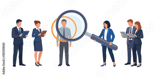 Human resource team recruiting job candidate with magnifying glass
