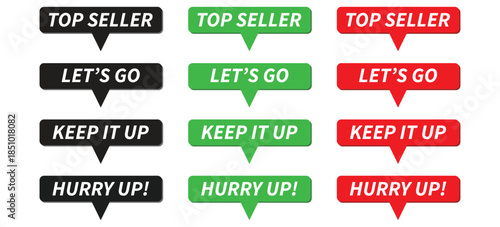 Commerce call to action speech bubbles, promotional message tags in black green and