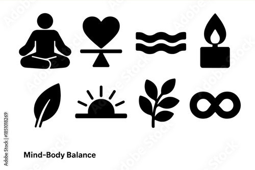 Bold Mind-Body Icons. Mind-Body Balance silhouette icons: meditation figure, heart in balance, soft wave, candle flame, growing leaf, sunrise, nature branch, infinity loop.