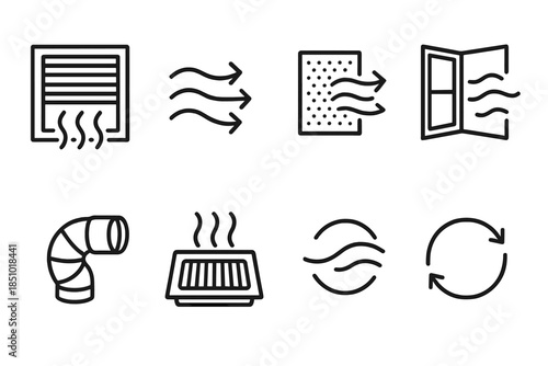 Airflow Icon Set. Air Circulation Essentials in outline black lines style. diffuser vent, airflow path, clean filter pad, open slat window, soft breeze arc, duct link, floor