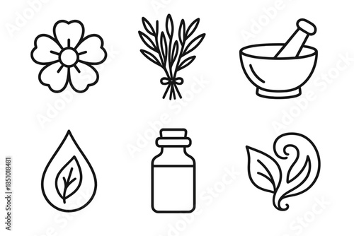 Botanical Icon Collection. Botanical Blends in outline black lines style. flower, herb bunch, mortar and pestle, oil droplet, vial, leaf swirl.