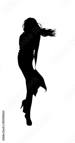 Dynamic Woman Silhouette Posing Forward in Flowing Dress with Hair Blowing, isolated white background