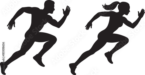 Man and woman  runner athlete silhouettes vector set