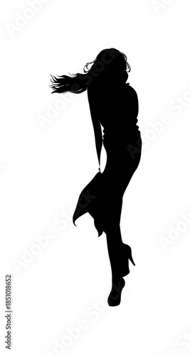 Elegant Woman Silhouette Posing Gracefully in Flowing Dress with Hair Blowing, isolated white background