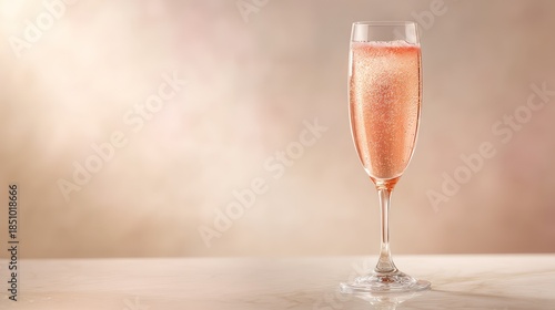 A flute glass containing sparkling pink cocktail bubbling upward with delicate effervescence. Stem mirrors crisp reflections on polished ivory