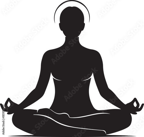 Female Yoga Meditation Silhouette in Lotus Pose on White Background.