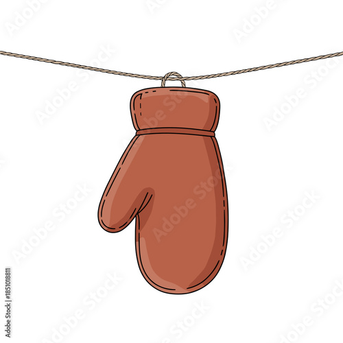 Single brown mitten hanging from a line on white background  