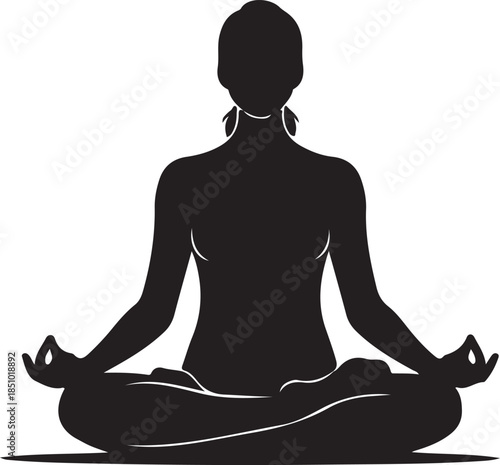 Female Yoga Meditation Silhouette in Lotus Pose on White Background.