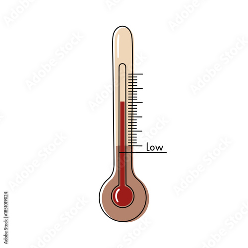 Thermometer displaying low temperature with red liquid indicator  