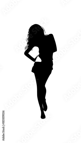 Confident Woman with Long Hair Posing Hand on Hip in a Stylish Dress on Isolated White Background