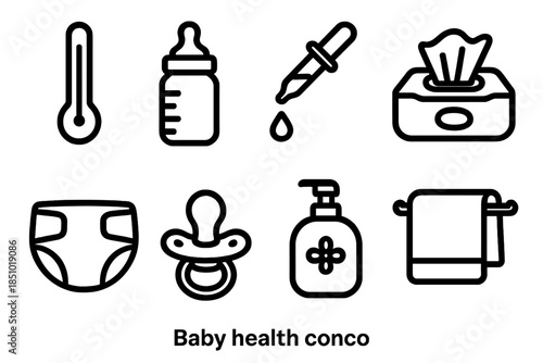 Baby Care Essentials. Baby health concept in outline black lines style. thermometer, baby bottle, medicine dropper, wipes, diaper, pacifier, soap, towel.