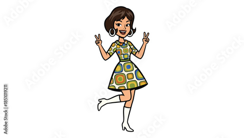 Retro Woman with Peace Signs and Groovy Dress.