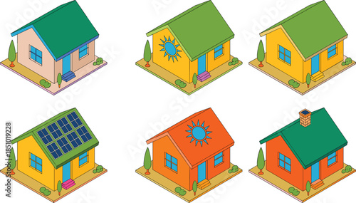 Set of six colorful isometric houses with solar panels and sun icons for green energy concepts vector illustration