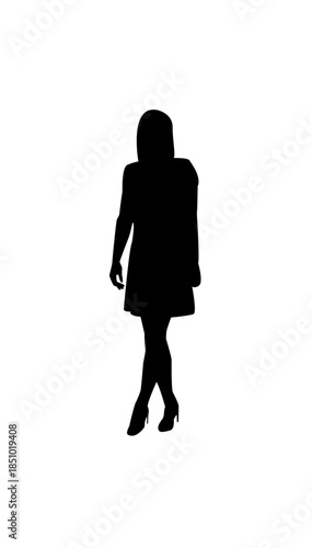 Calm woman in short dress standing thoughtfully, isolated white background
