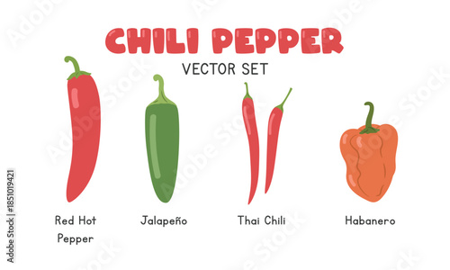 Chili Pepper Flat Cartoon Vector Set Isolated on White Background. Red Hot Pepper, Jalapeno, Thai Chili, and Habanero Pepper