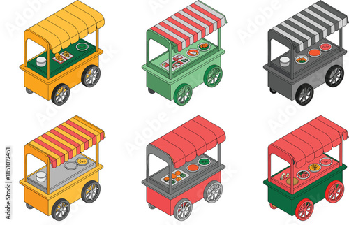 Set of six colorful isometric street food carts icons vector collection