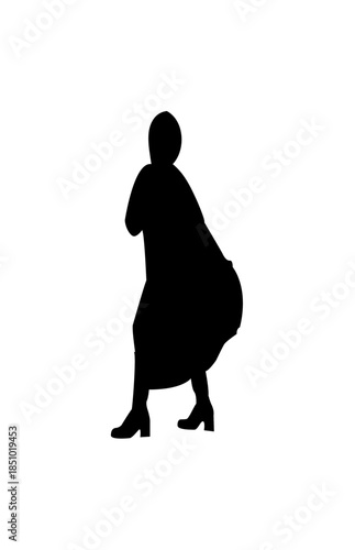 Dynamic woman in flowing short dress posing expressively, isolated white background